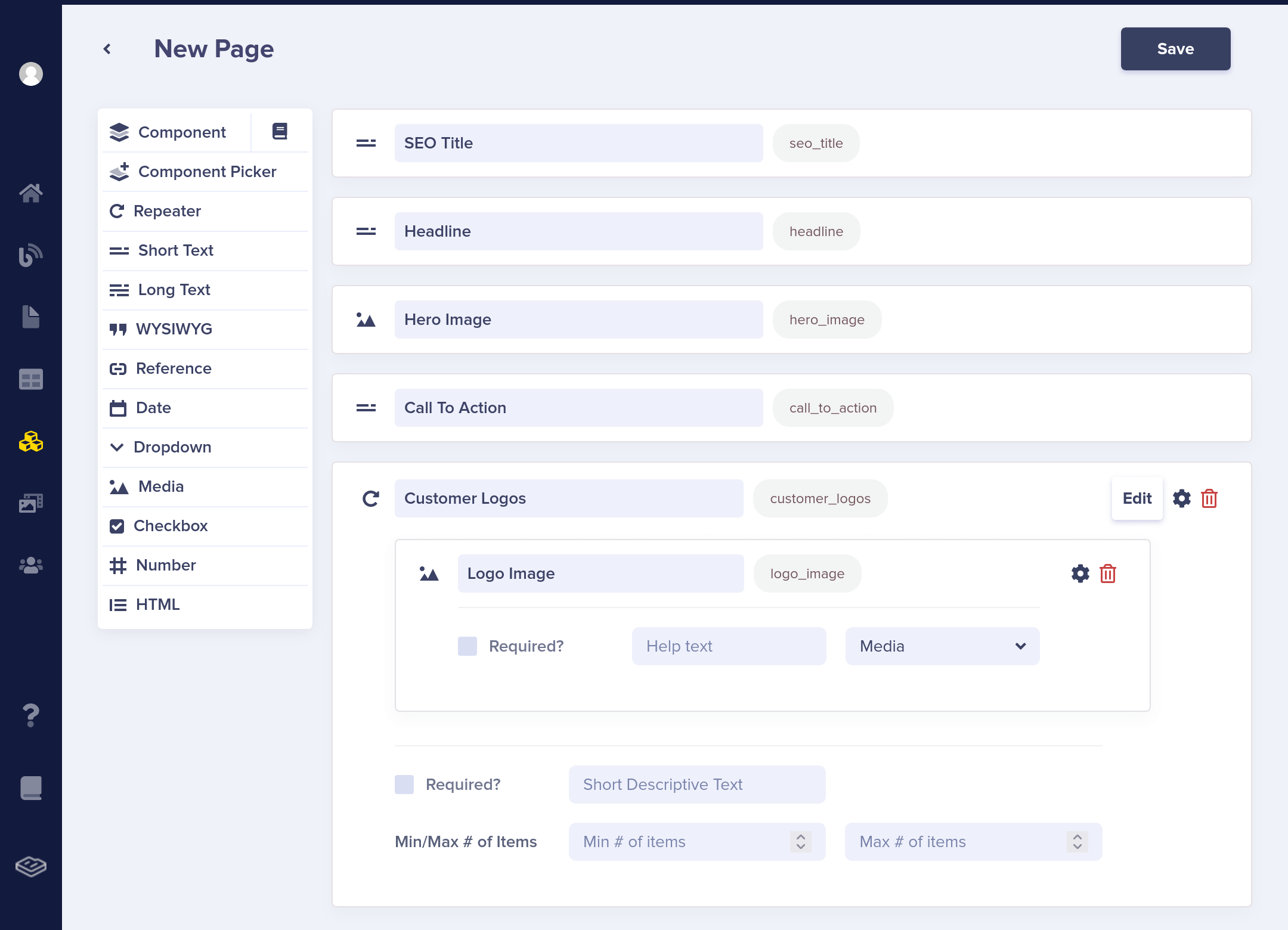 A dashboard for a new Page with some field types defined to give the page structure.