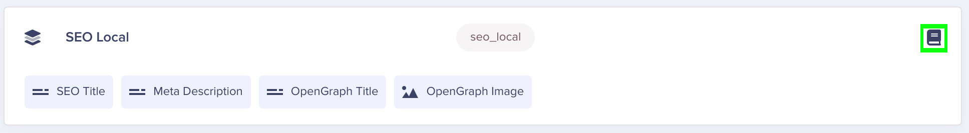 A Global SEO Component with a book icon in the top right corner